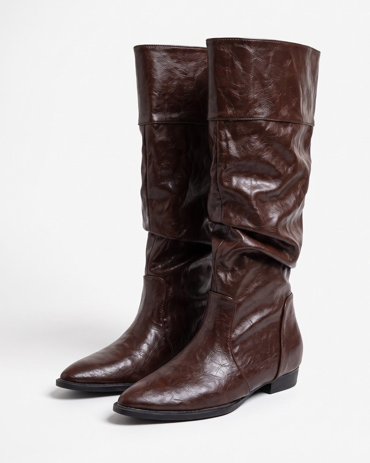 Slouchy Pointed Toe Knee High Boots With Low Heel in Dark Brown