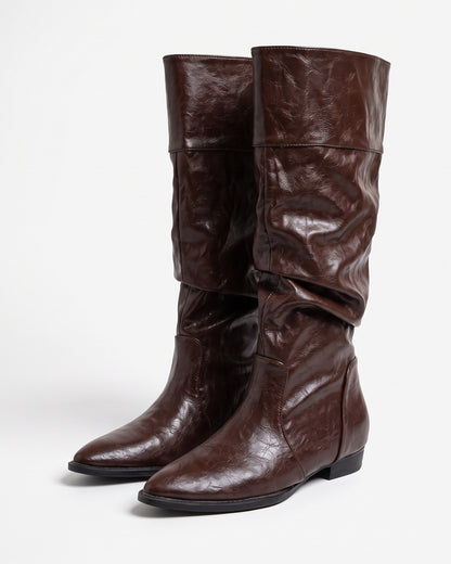 Slouchy Pointed Toe Knee High Boots With Low Heel in Dark Brown