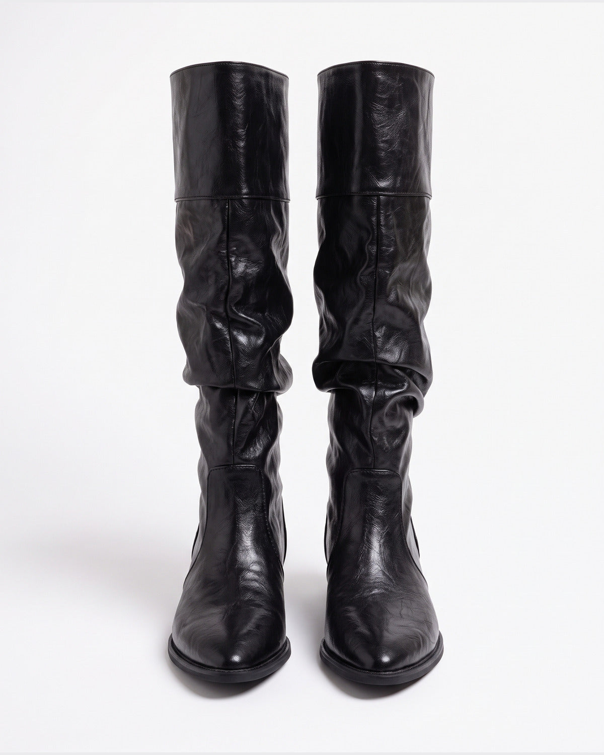 Slouchy Pointed Toe Knee High Boots With Low Heel in Black