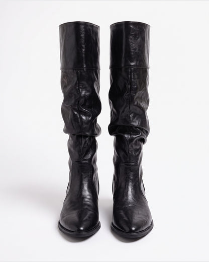 Slouchy Pointed Toe Knee High Boots With Low Heel in Black