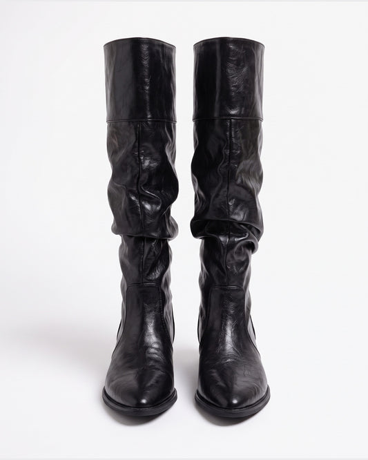 Slouchy Pointed Toe Knee High Boots With Low Heel in Black