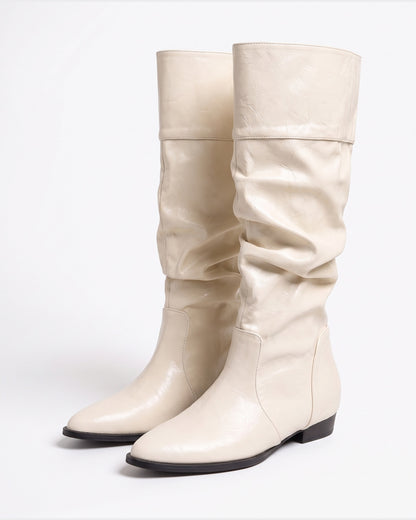 Slouchy Pointed Toe Knee High Boots With Low Heel in Off-white