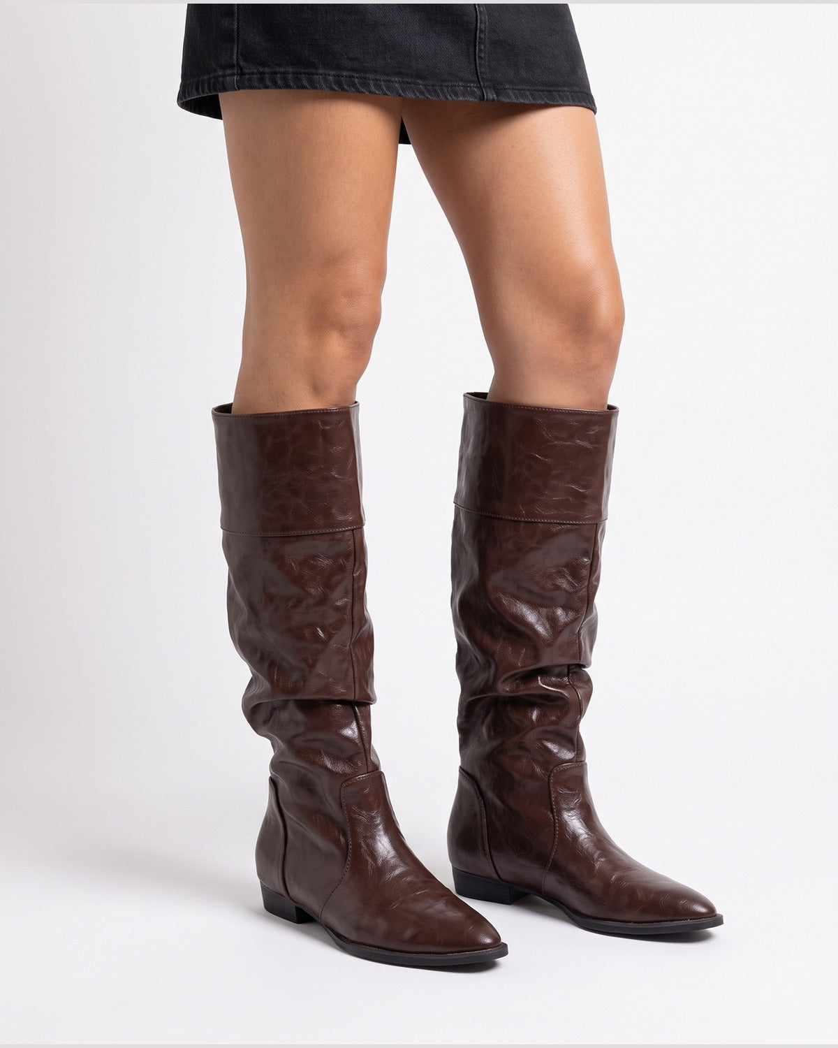 Slouchy Pointed Toe Knee High Boots With Low Heel - worn view (Dark Brown)