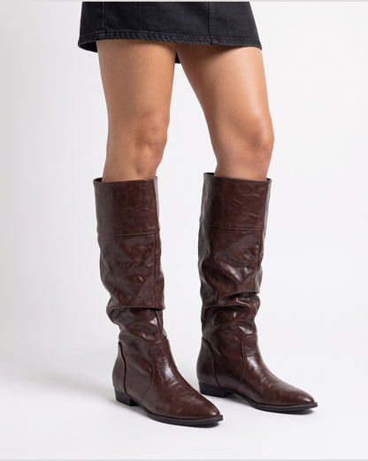 Slouchy Pointed Toe Knee High Boots With Low Heel - worn view (Dark Brown)