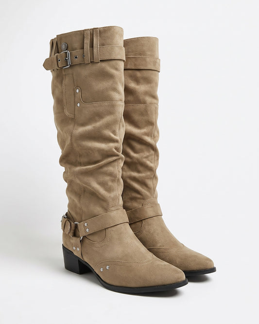Slouchy Western Knee High Boots With Buckle Straps in Khaki