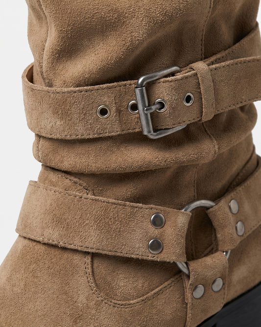 Slouchy Western Knee High Boots With Buckle Straps - close-up detail (Khaki)