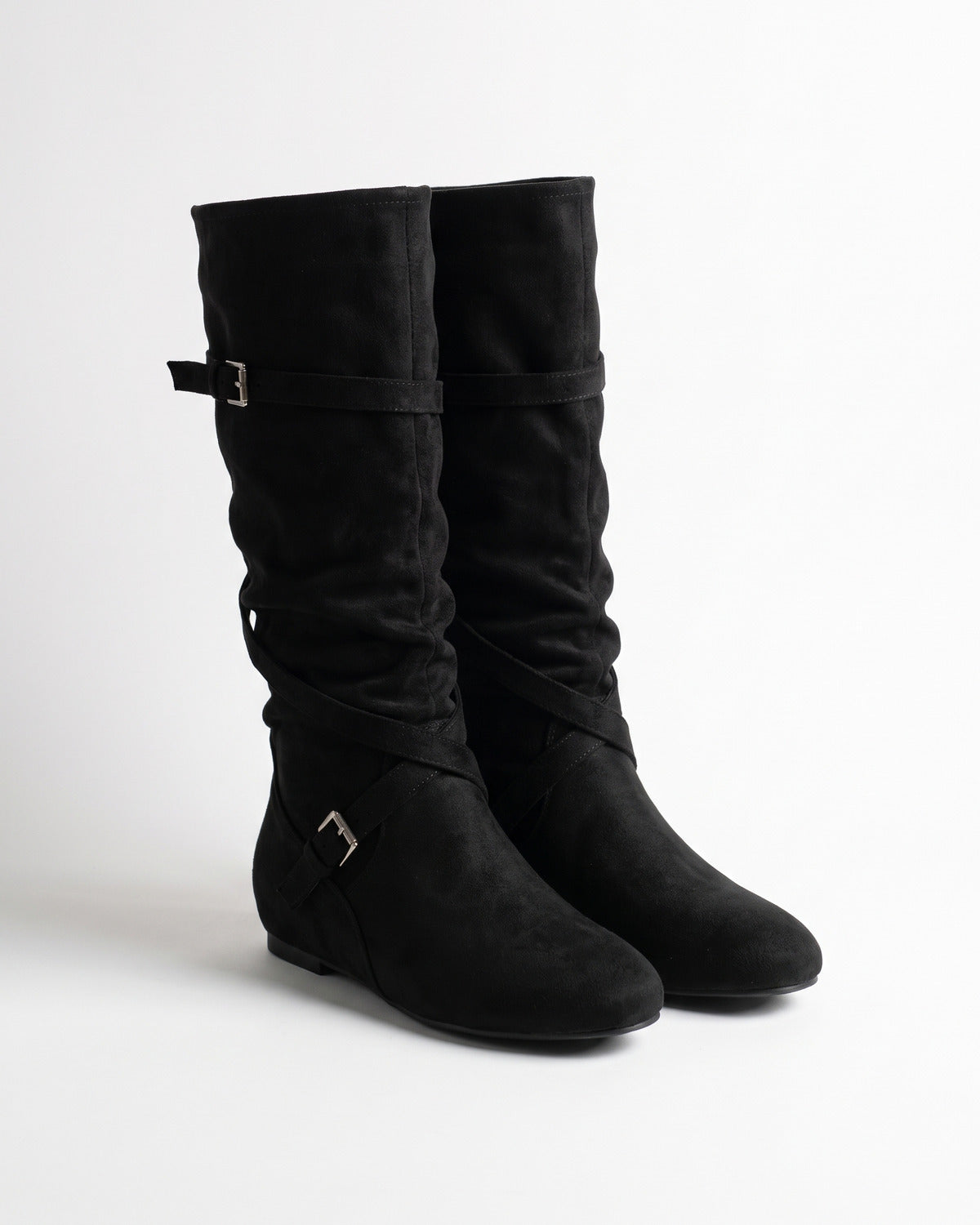 Slouchy Wide Calf Knee High Boots With Buckle Straps in Black