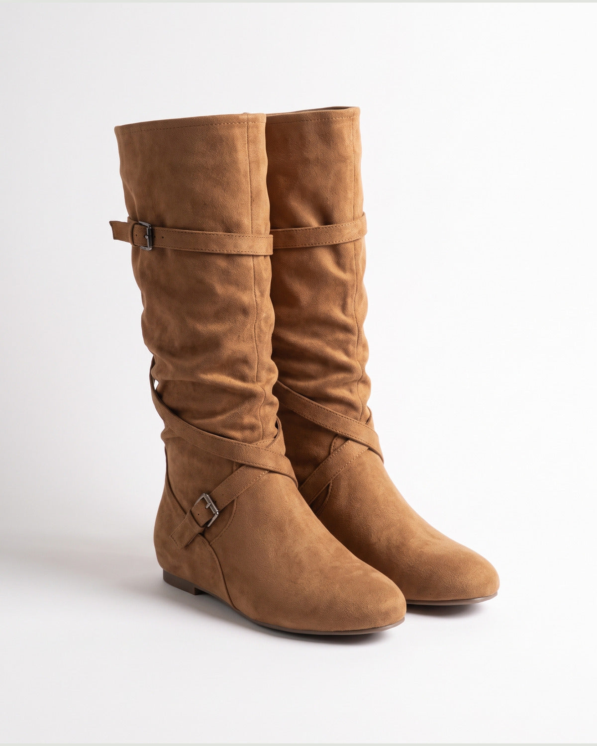 Slouchy Wide Calf Knee High Boots With Buckle Straps in Camel Brown