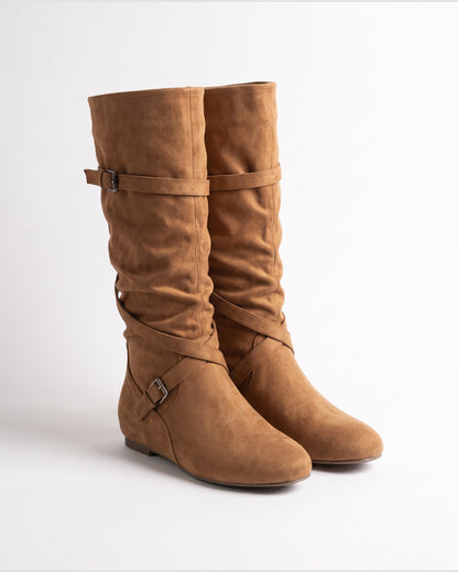 Slouchy Wide Calf Knee High Boots With Buckle Straps in Camel Brown