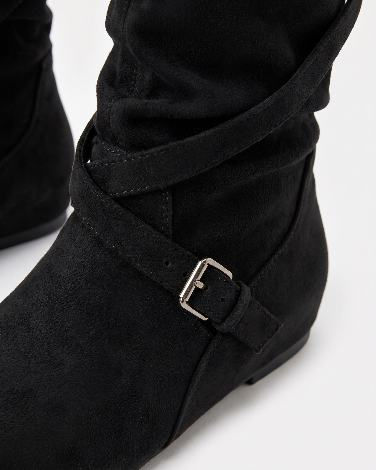 Slouchy Wide Calf Knee High Boots With Buckle Straps - close-up detail (Black)