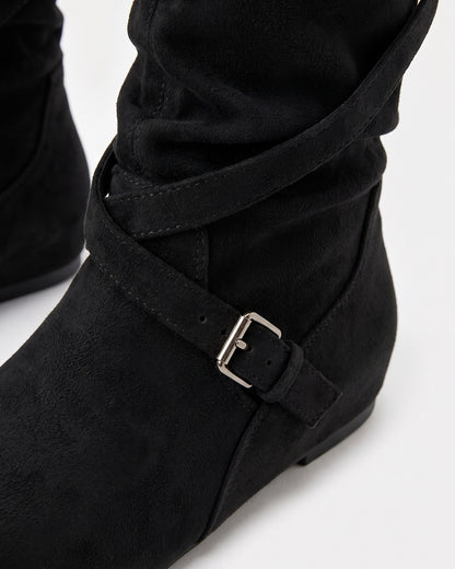 Slouchy Wide Calf Knee High Boots With Buckle Straps - close-up detail (Black)
