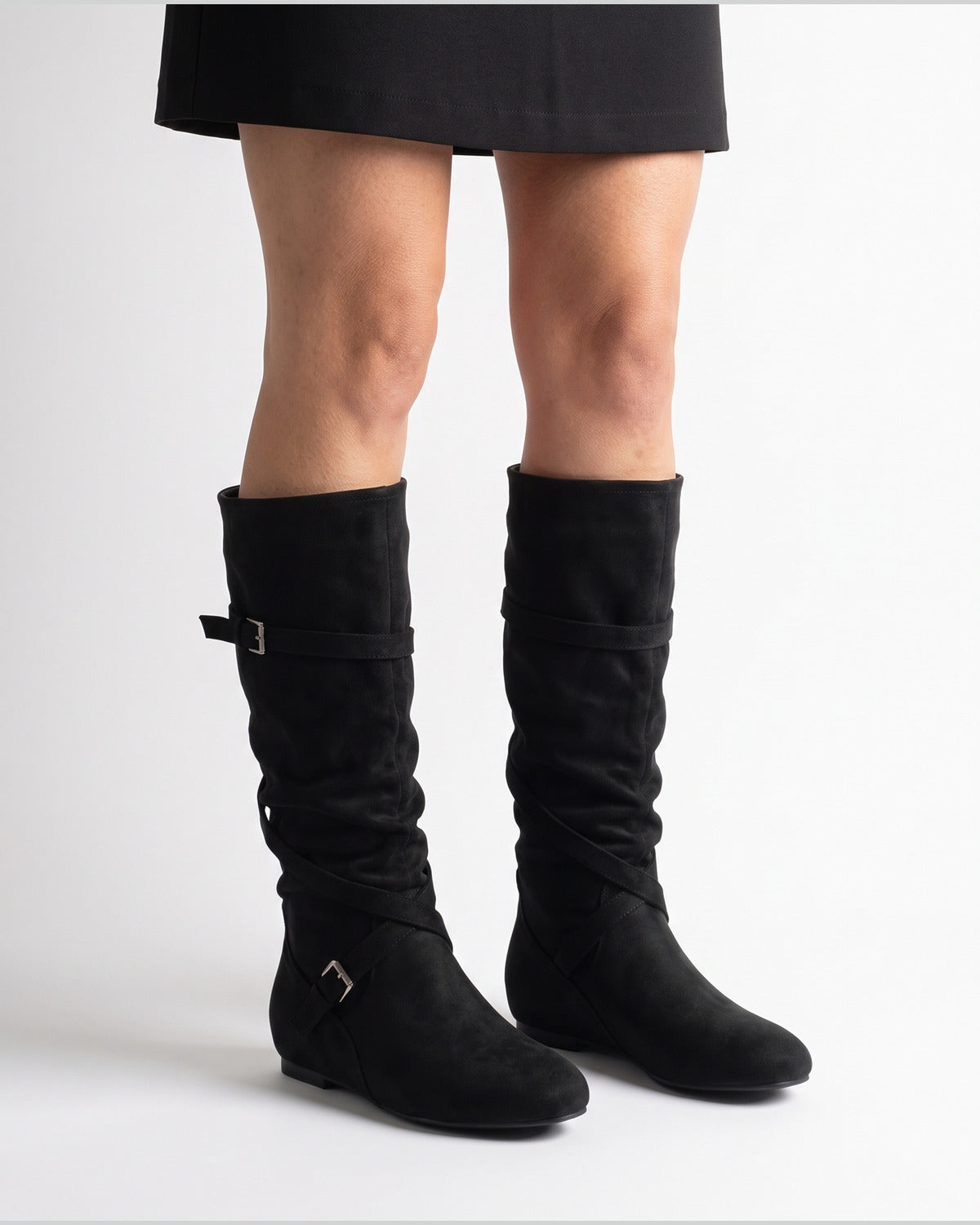 Slouchy Wide Calf Knee High Boots With Buckle Straps - worn view (Black)