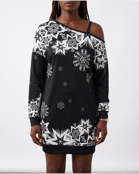 Snowflake Print Holiday Mini Dress With Long Sleeves in Black