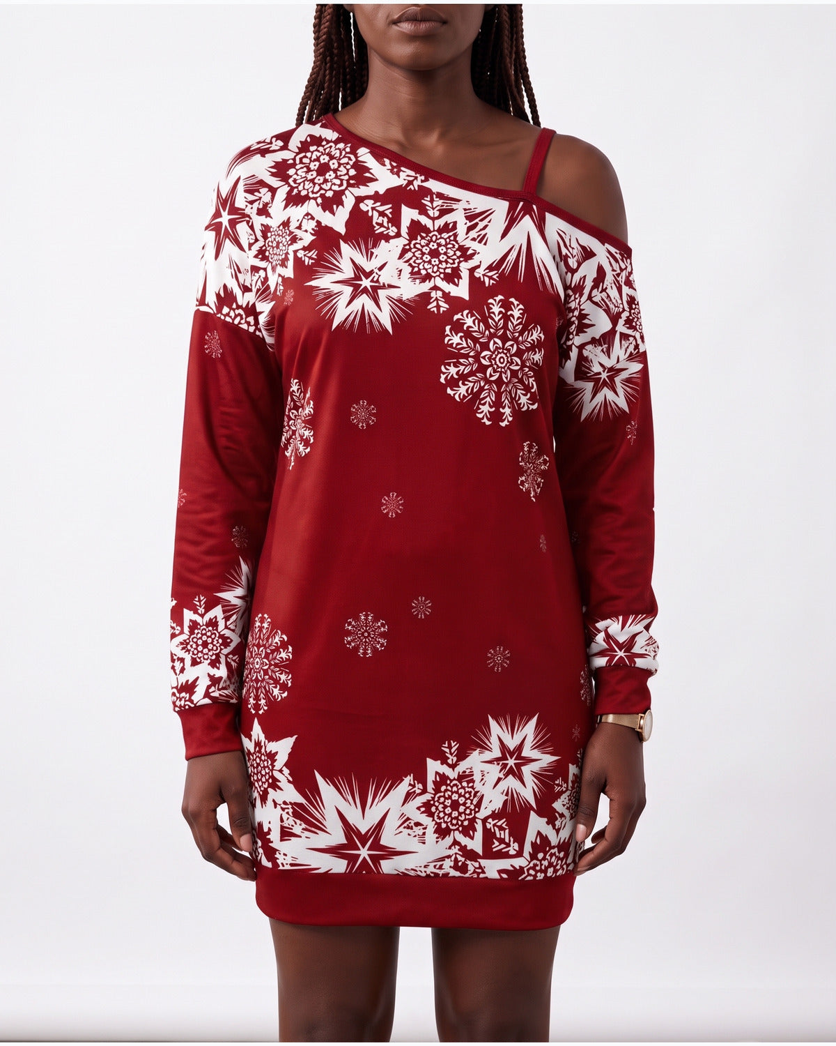 Snowflake Print Holiday Mini Dress With Long Sleeves in Red
