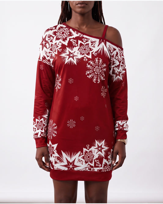 Snowflake Print Holiday Mini Dress With Long Sleeves in Red