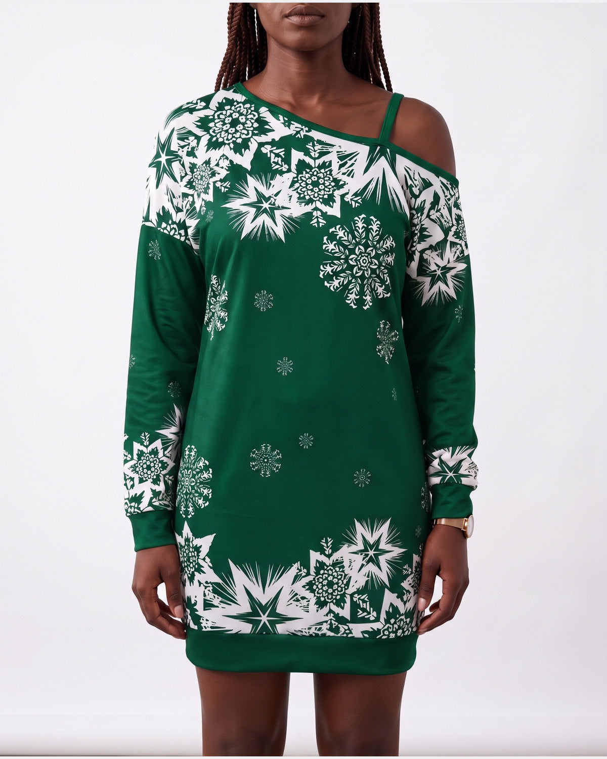 Snowflake Print Holiday Mini Dress With Long Sleeves in Green