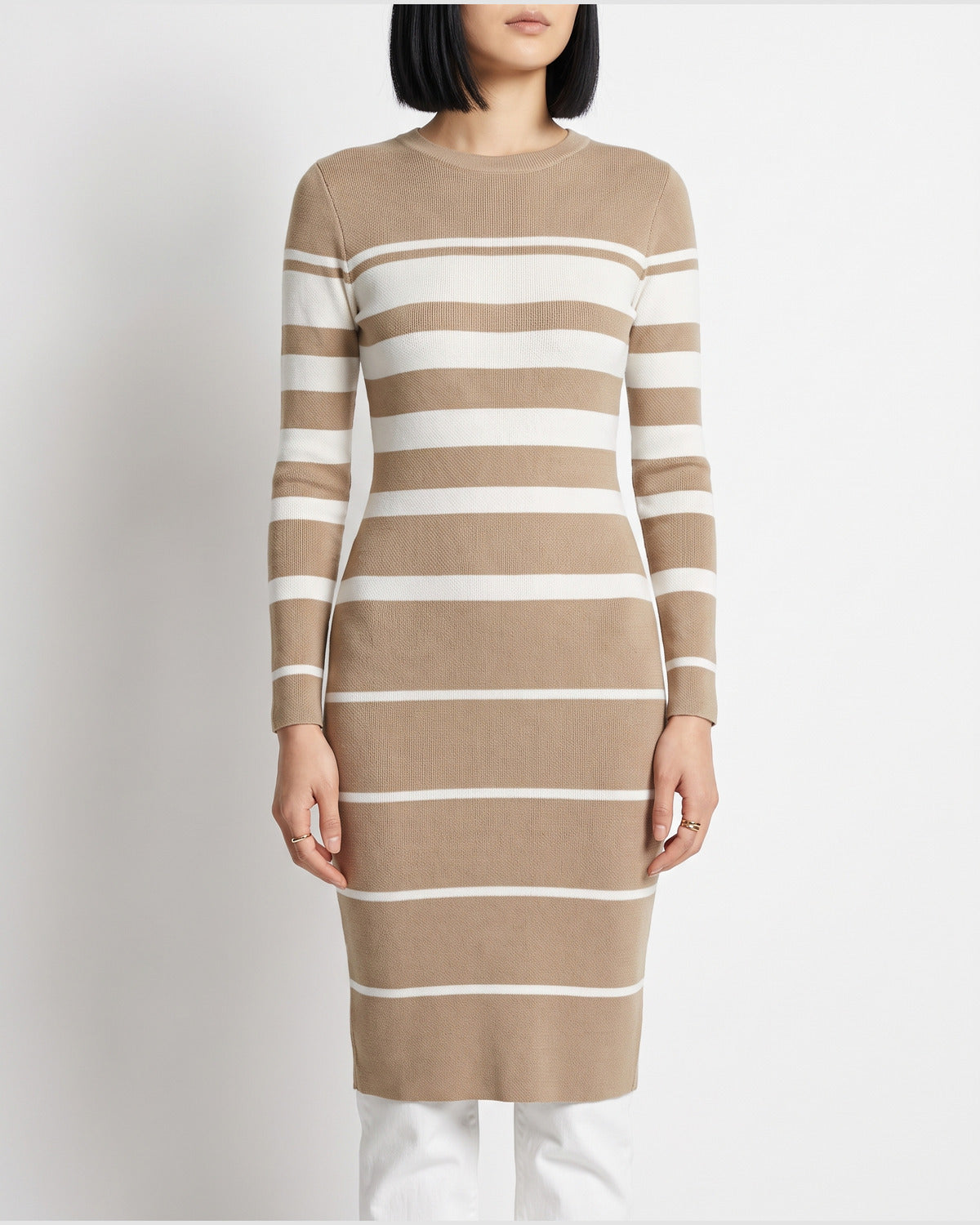 Striped Bodycon Midi Sweater Dress With Crew Neck in Khaki Tan With White Stripes