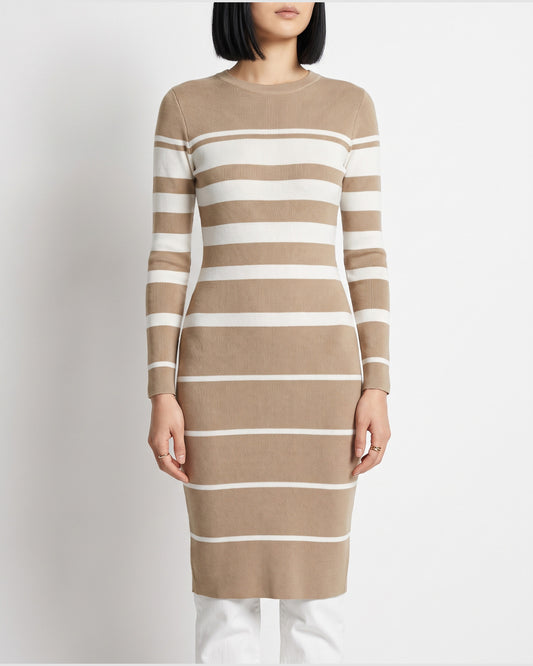 Striped Bodycon Midi Sweater Dress With Crew Neck in Khaki Tan With White Stripes