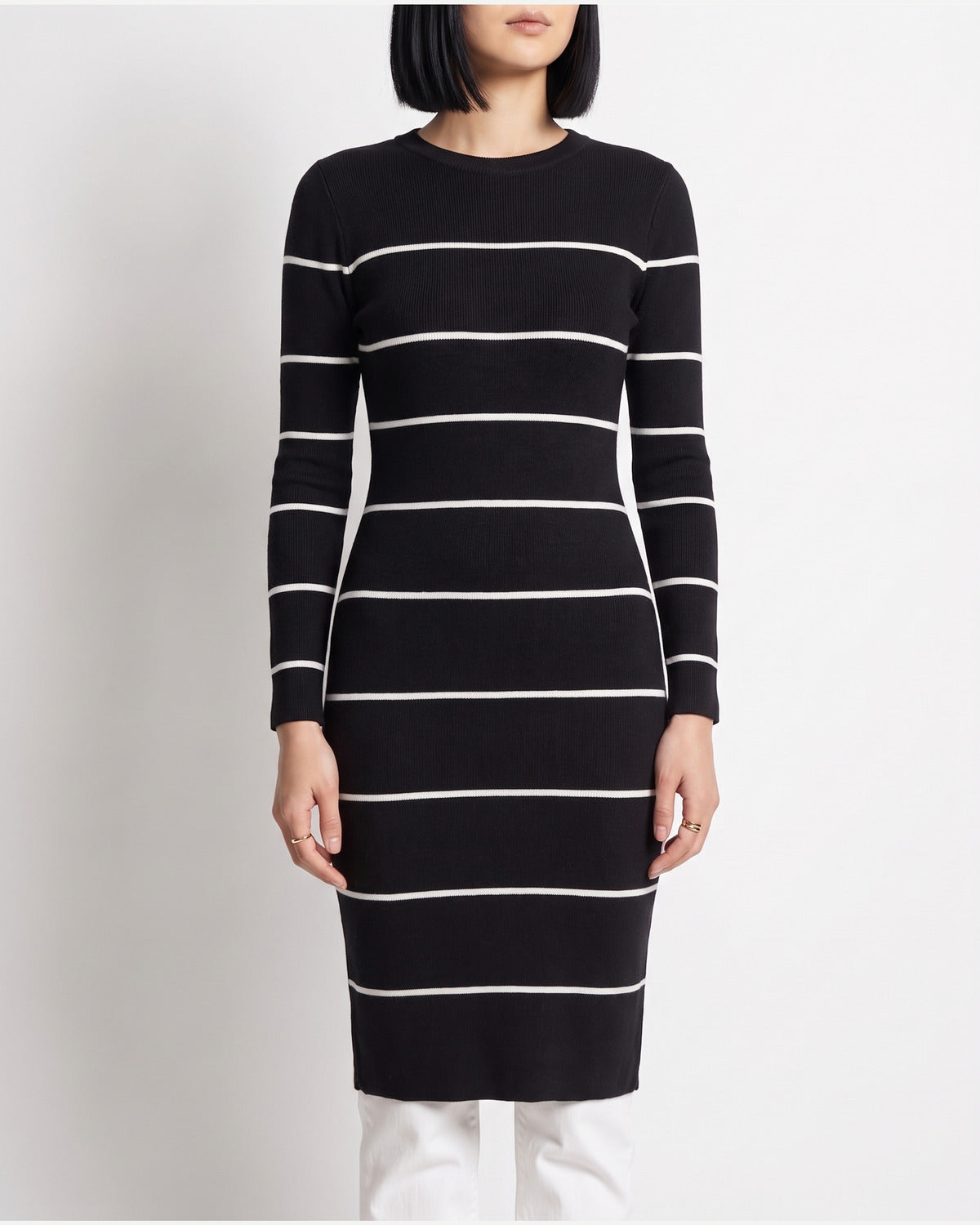 Striped Bodycon Midi Sweater Dress With Crew Neck in Black With White Stripes