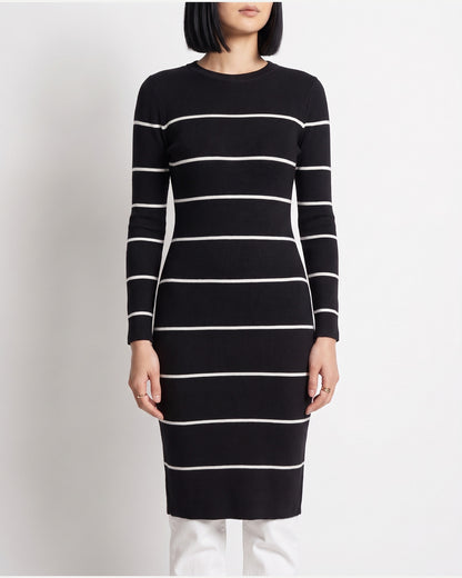 Striped Bodycon Midi Sweater Dress With Crew Neck in Black With White Stripes