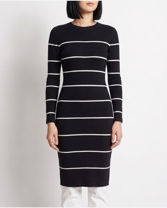 Striped Bodycon Midi Sweater Dress With Crew Neck in Black With White Stripes