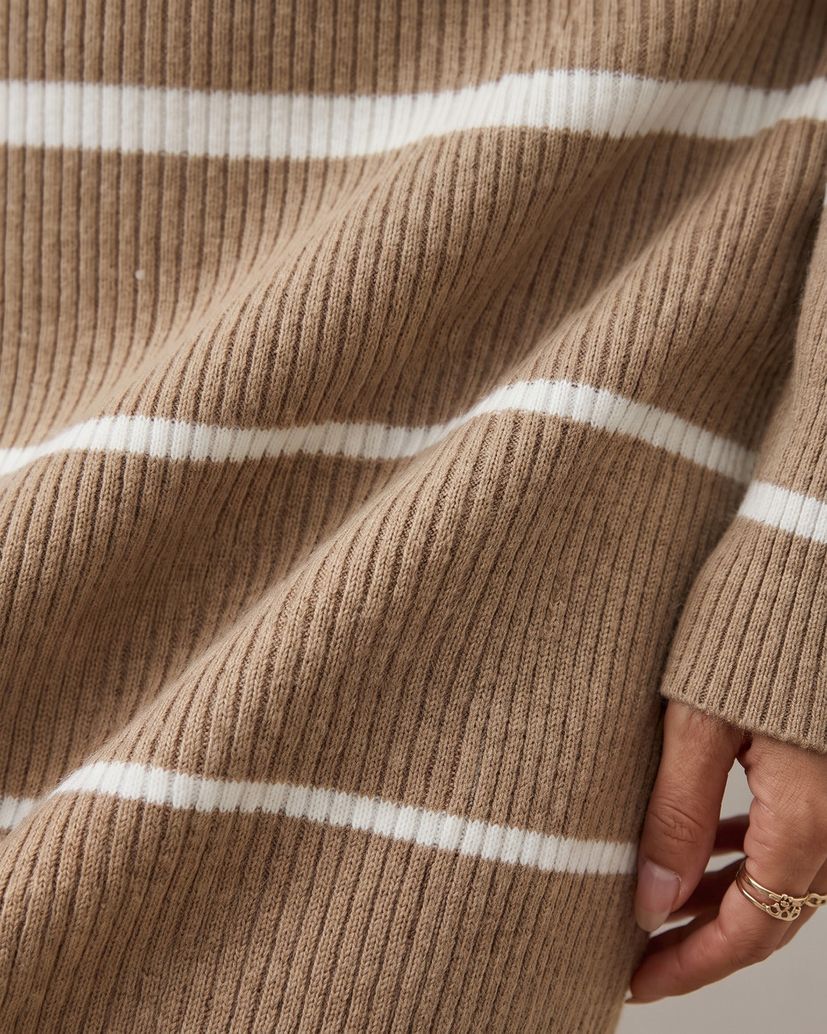 Striped Bodycon Midi Sweater Dress With Crew Neck - close-up detail (Khaki Tan With White Stripes)