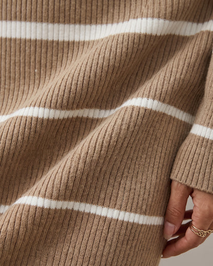 Striped Bodycon Midi Sweater Dress With Crew Neck - close-up detail (Khaki Tan With White Stripes)