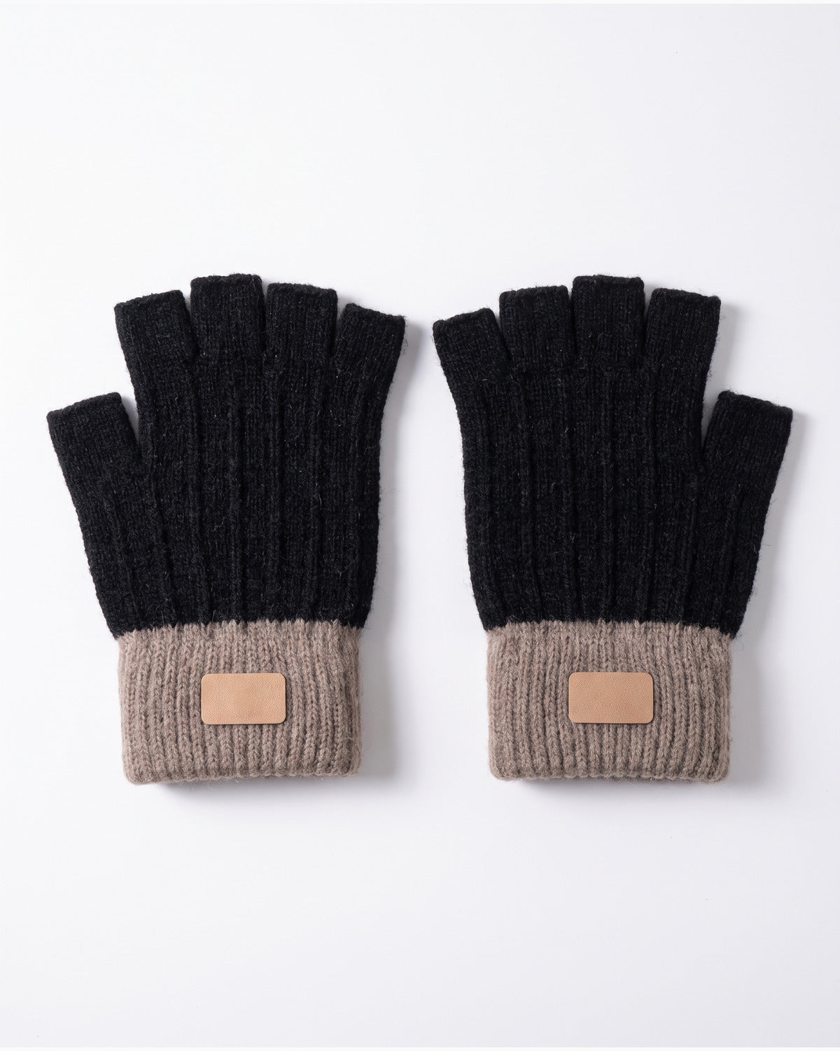 Two Tone Knit Fingerless Gloves With Ribbed Cuff in Black With Taupe Cuff