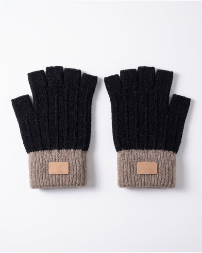 Two Tone Knit Fingerless Gloves With Ribbed Cuff in Black With Taupe Cuff