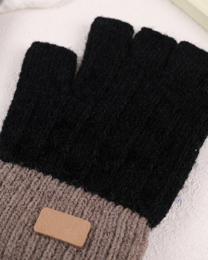 Two Tone Knit Fingerless Gloves With Ribbed Cuff - close-up detail (Black With Taupe Cuff)