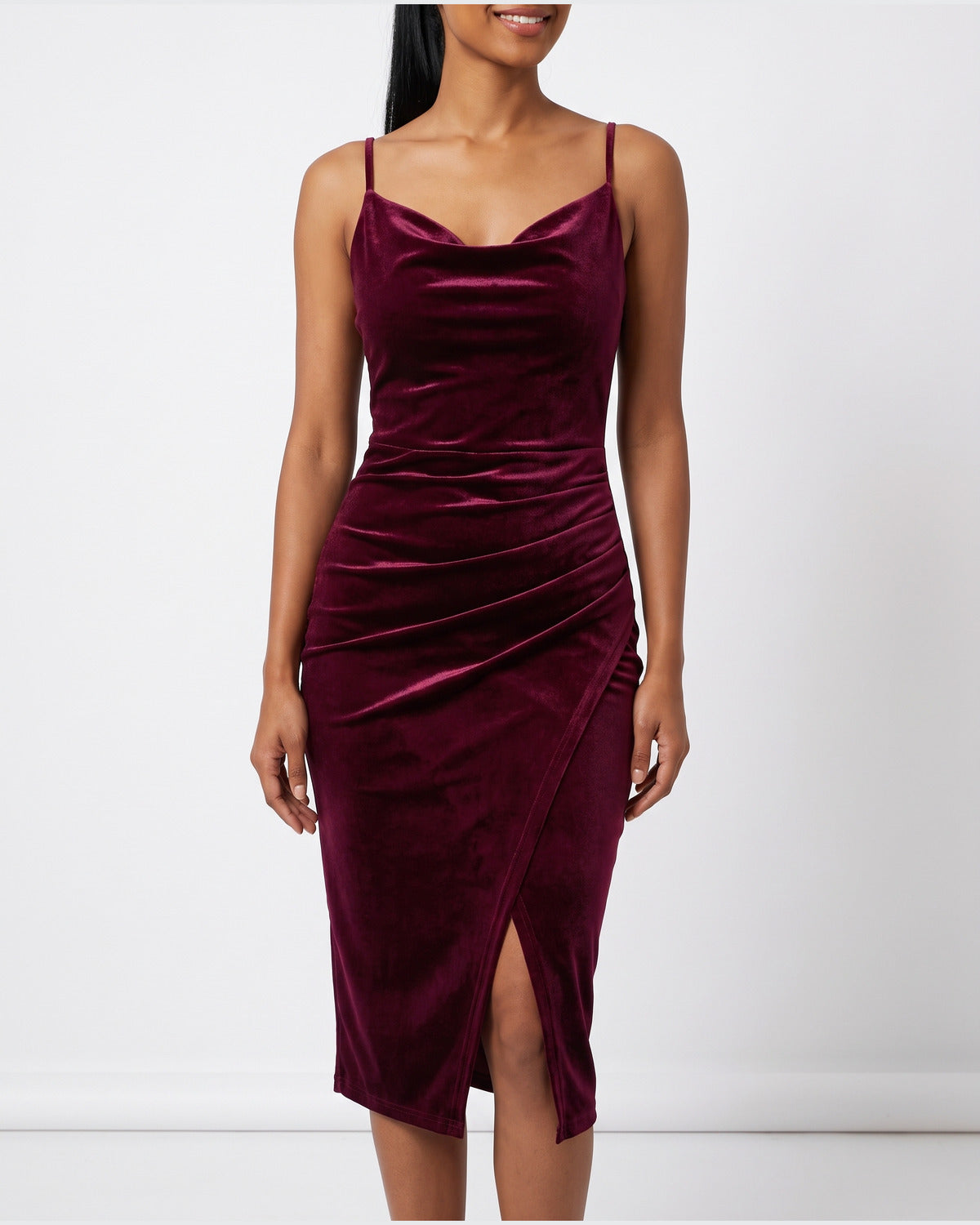 Velvet Cowl Neck Midi Dress With Spaghetti Straps and Slit in Burgundy