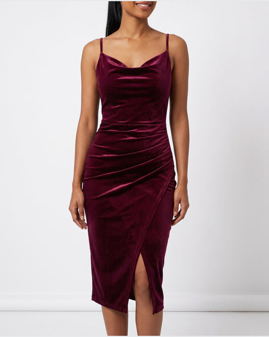 Velvet Cowl Neck Midi Dress With Spaghetti Straps and Slit in Burgundy