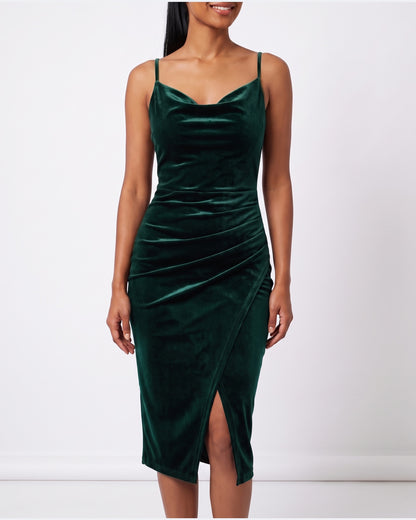 Velvet Cowl Neck Midi Dress With Spaghetti Straps and Slit in Dark Green
