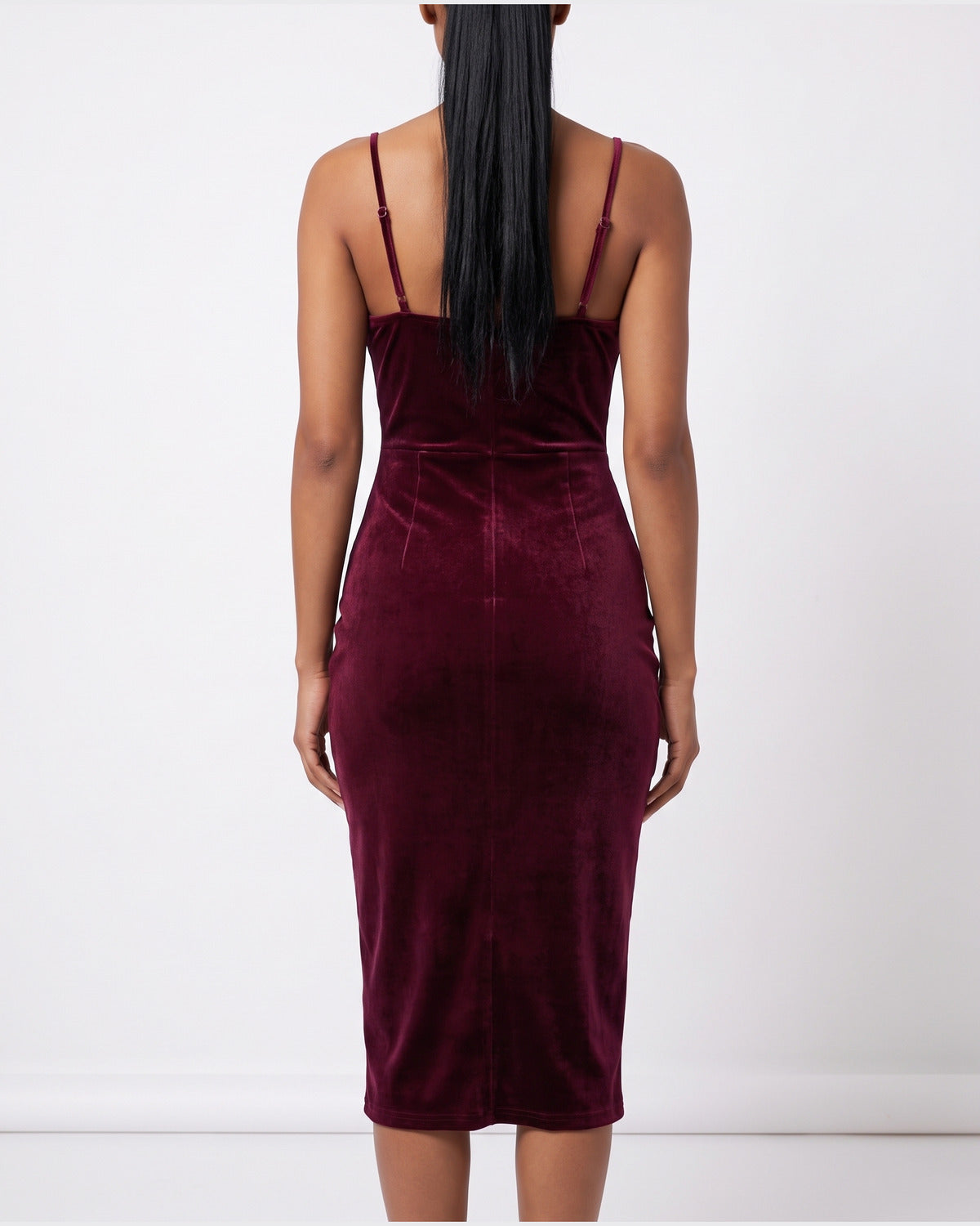 Velvet Cowl Neck Midi Dress With Spaghetti Straps and Slit - back view (Burgundy)