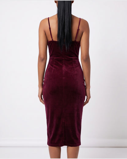 Velvet Cowl Neck Midi Dress With Spaghetti Straps and Slit - back view (Burgundy)