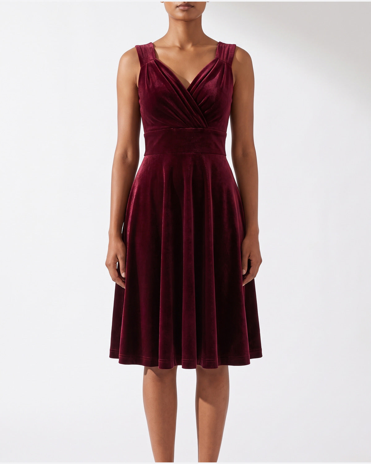 Velvet Fit and Flare Midi Dress With V Neck in Burgundy