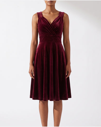 Velvet Fit and Flare Midi Dress With V Neck in Burgundy
