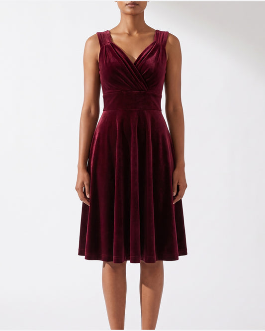 Velvet Fit and Flare Midi Dress With V Neck in Burgundy