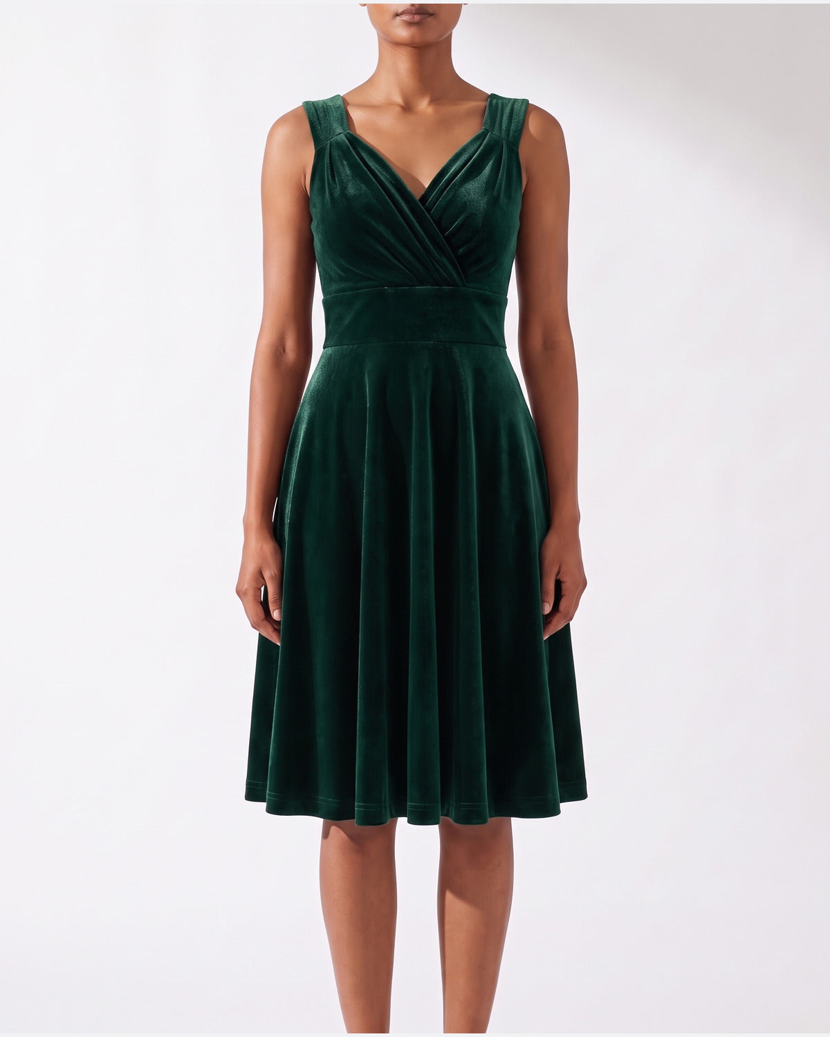 Velvet Fit and Flare Midi Dress With V Neck in Dark Green