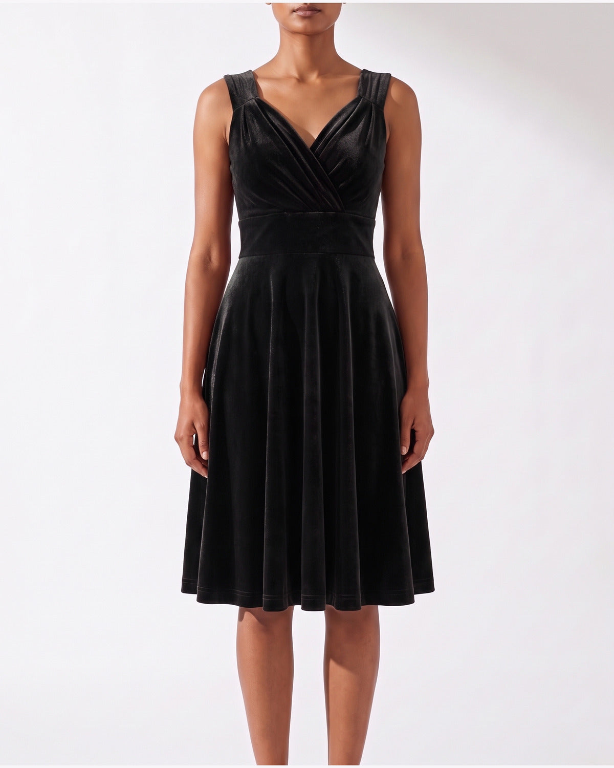 Velvet Fit and Flare Midi Dress With V Neck in Black