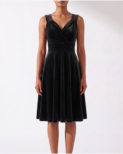 Velvet Fit and Flare Midi Dress With V Neck in Black