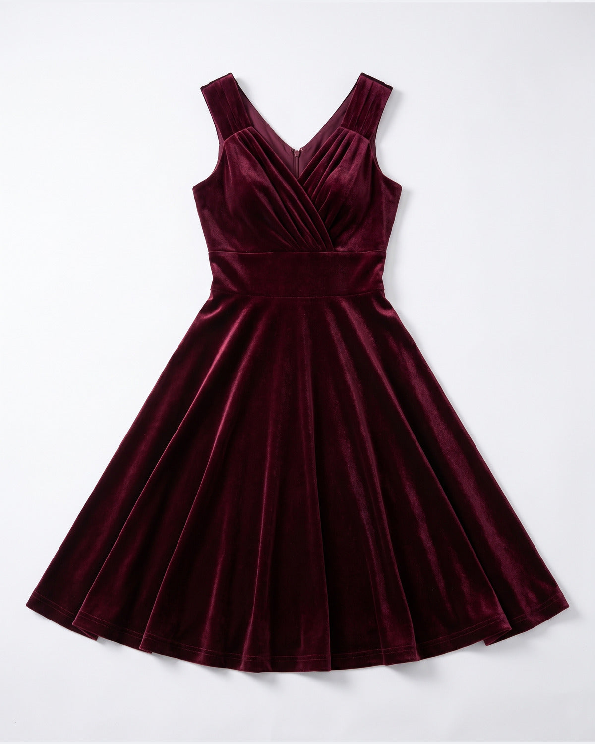 Velvet Fit and Flare Midi Dress With V Neck - flat lay (Burgundy)