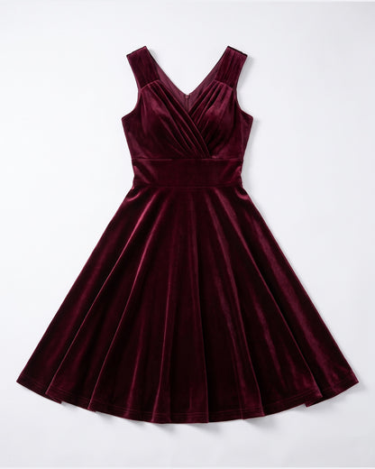 Velvet Fit and Flare Midi Dress With V Neck - flat lay (Burgundy)