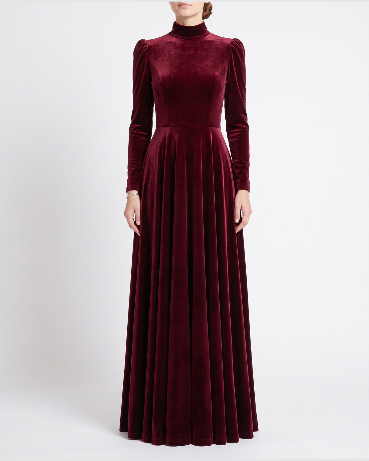 Velvet Long Sleeve Maxi Dress With High Neck and Puff Shoulders in Burgundy