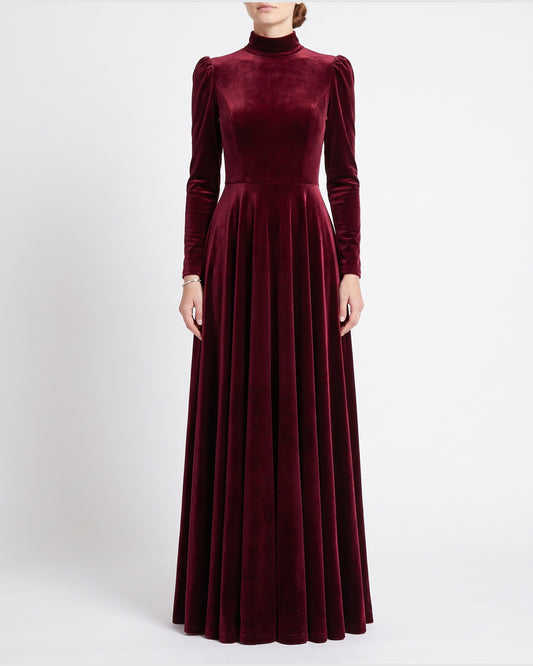 Velvet Long Sleeve Maxi Dress With High Neck and Puff Shoulders in Burgundy