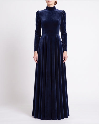 Velvet Long Sleeve Maxi Dress With High Neck and Puff Shoulders in Navy