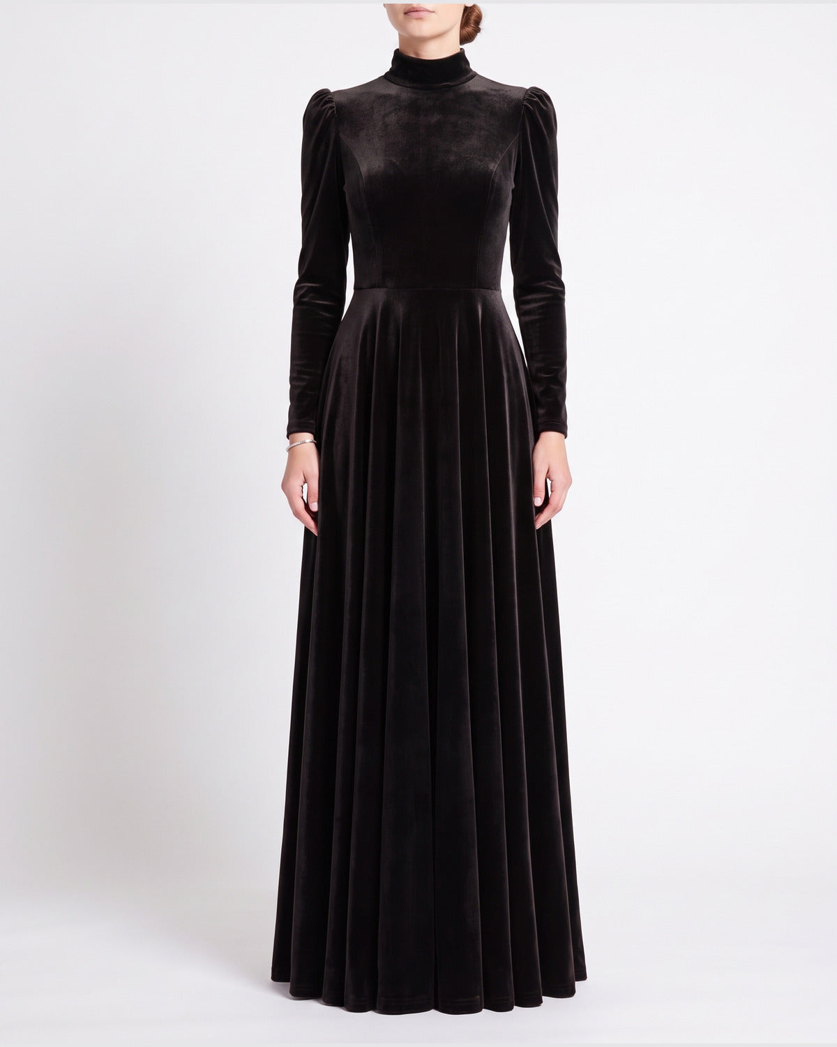 Velvet Long Sleeve Maxi Dress With High Neck and Puff Shoulders in Black