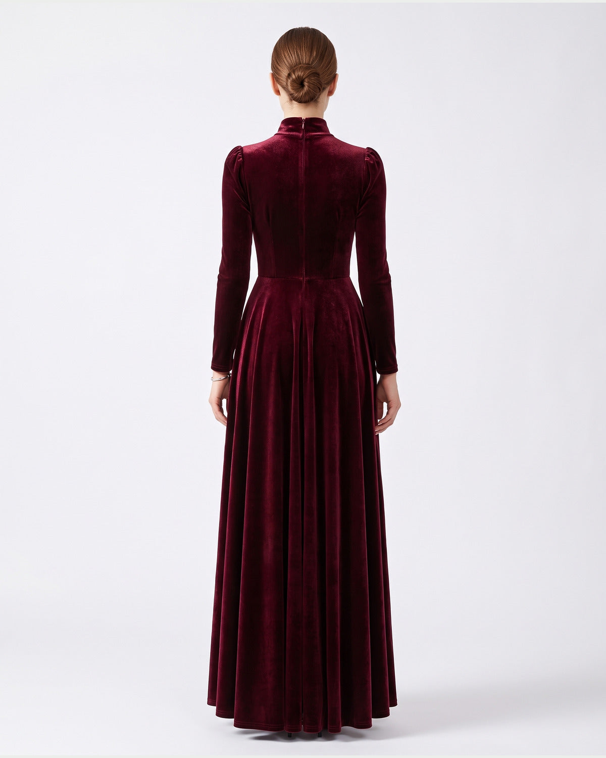 Velvet Long Sleeve Maxi Dress With High Neck and Puff Shoulders - back view (Burgundy)