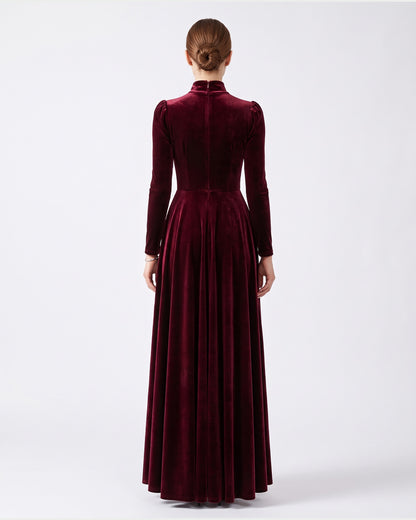 Velvet Long Sleeve Maxi Dress With High Neck and Puff Shoulders - back view (Burgundy)