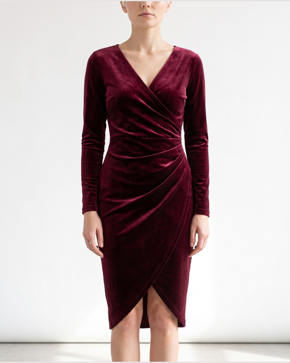 Velvet Wrap Midi Dress With Long Sleeves and V Neck in Burgundy